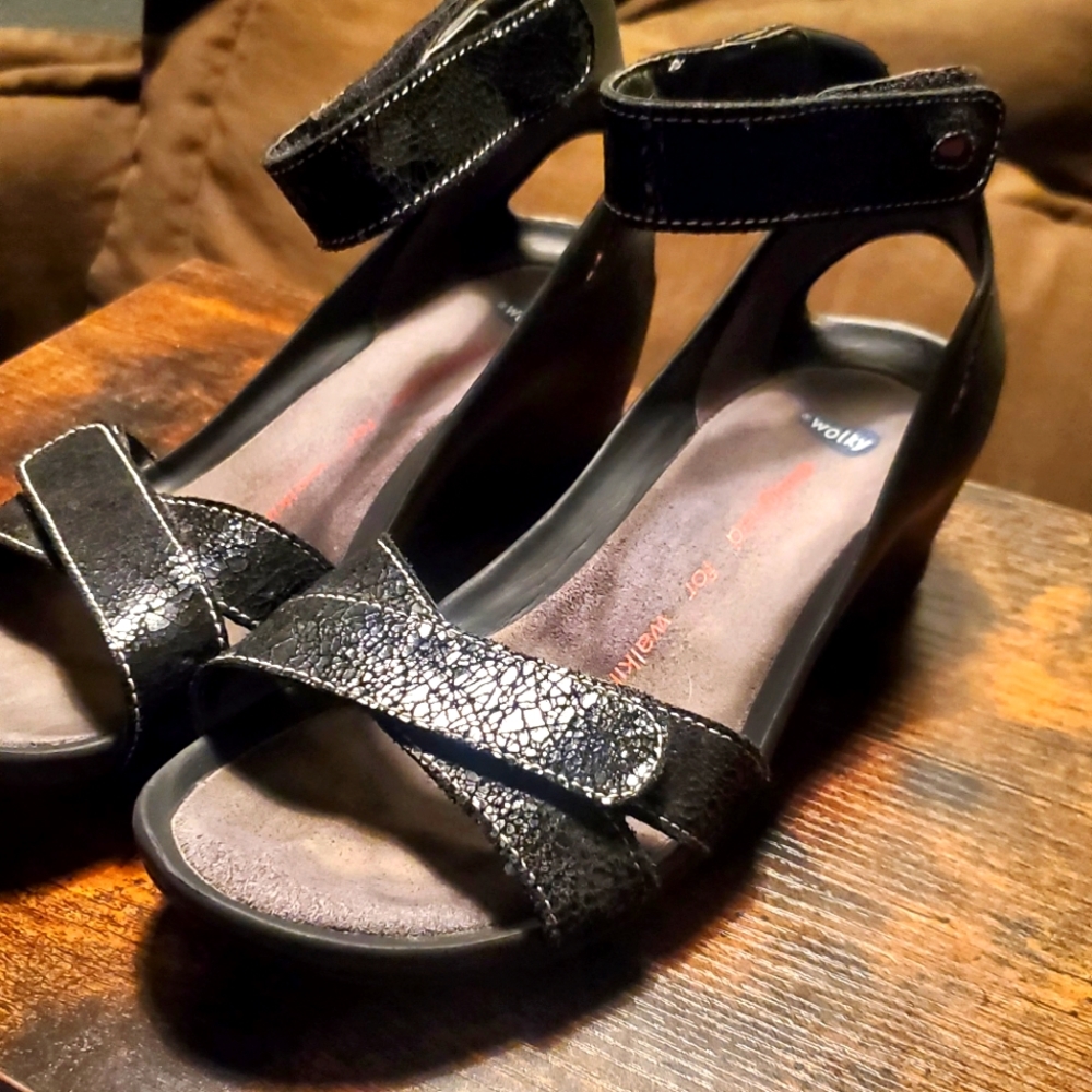 Wloky wedge sandals. Velcro straps Black metallic size 38Retail $145